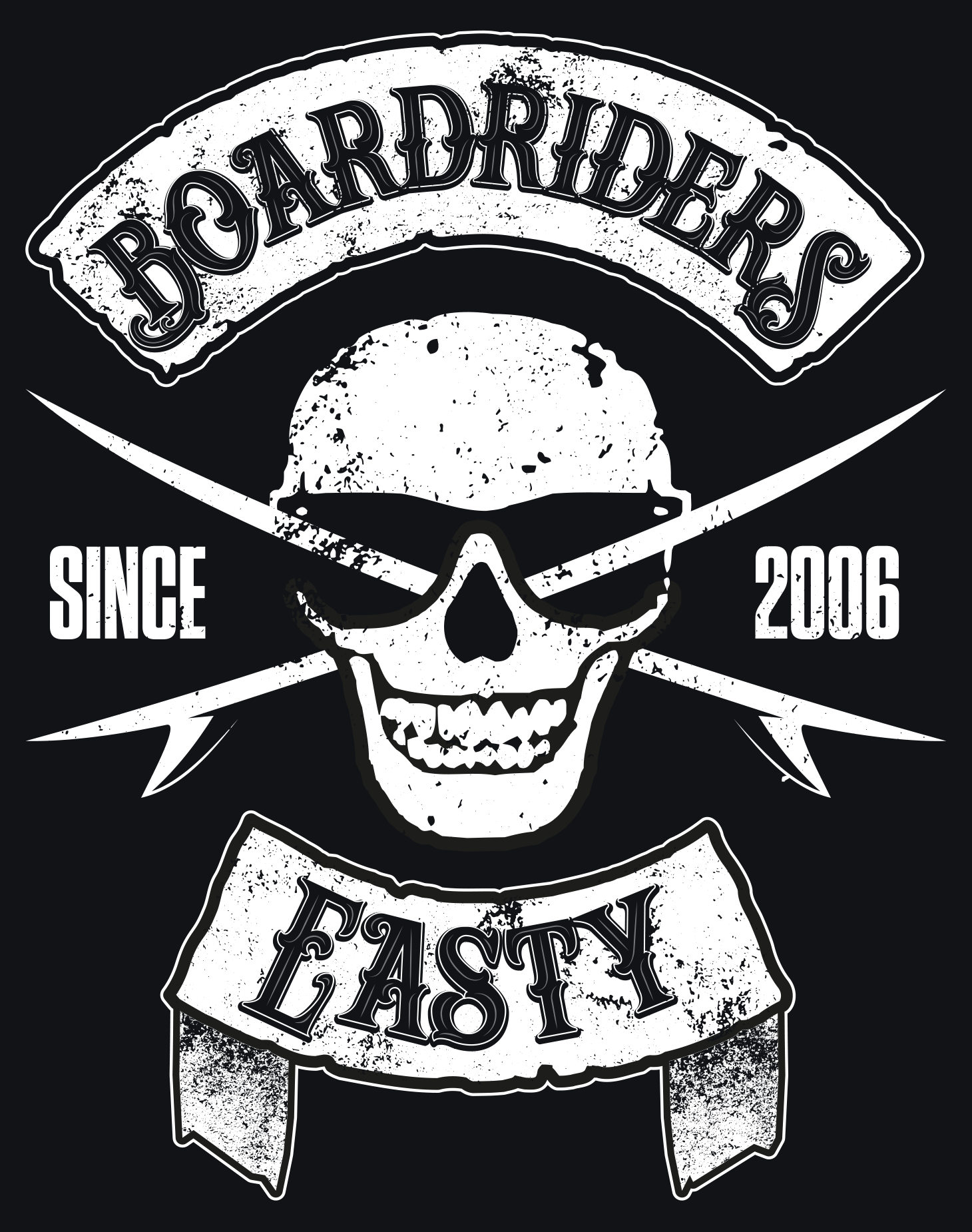 Easty Boardriders skull and surfboards graphic